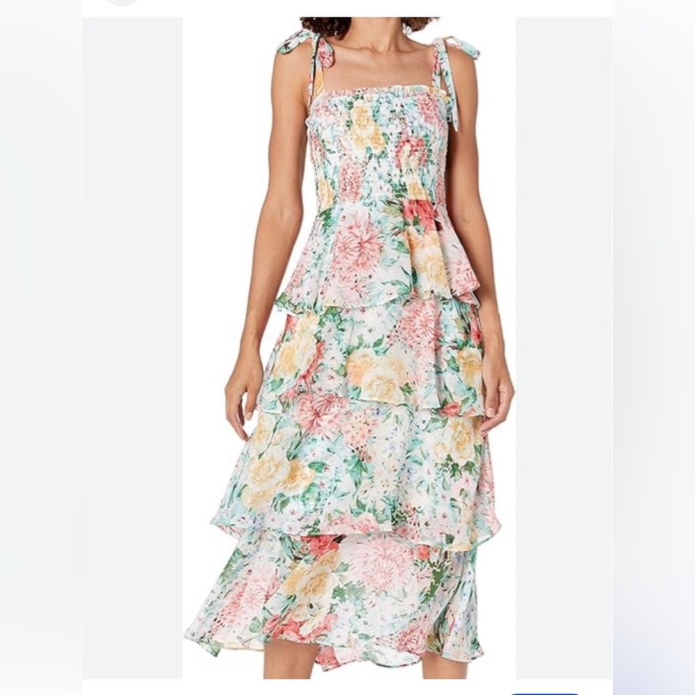 Betsey Johnson Floral Tiered Maxi Dress in Pink, Yellow & Green